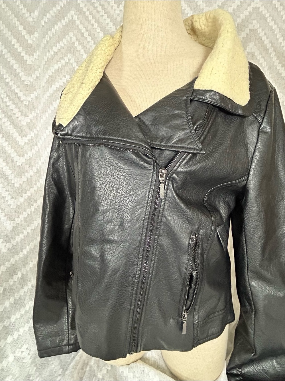 Yoki Black Faux Leather Jacket with Cream Sherpa Collar